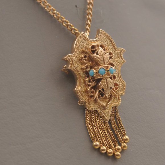 Antique Edwardian 14KY Gold Turquoise Tassel Pin/Pendant Necklace - Exquisite !! - Picture 1 of 13